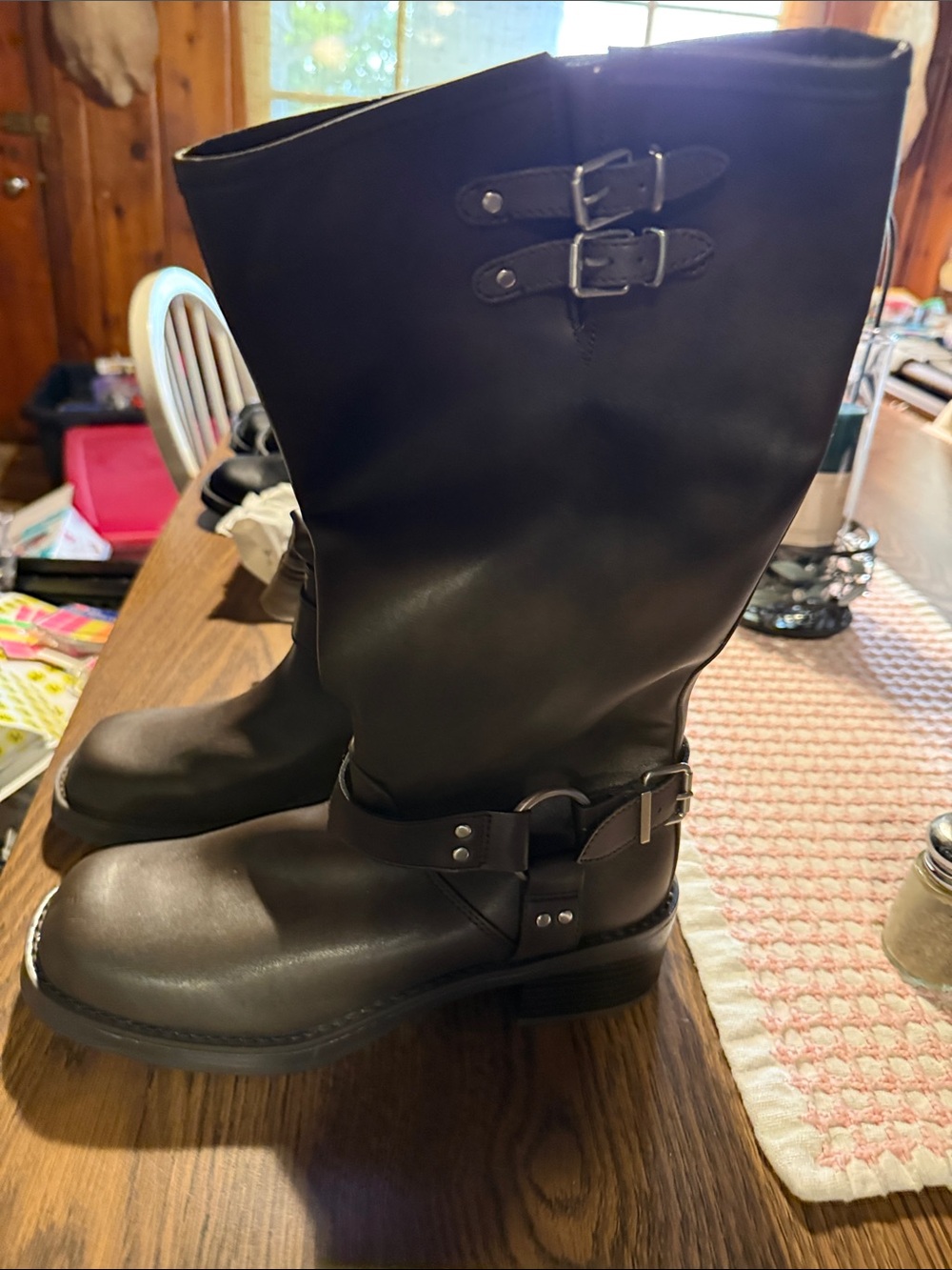 Womens Brown Leather Buckle Harness Boots - Classic Riding Style
